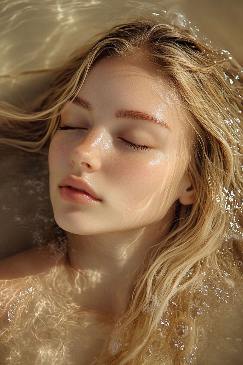 Eau cheveux mouille soleil reflet oeil cil sourcil peau pore tache rousseur levre bouche oreille cou epaule bras main doigt Une femme aux longs cheveux blonds ondulés est allongée dans un plan d'eau, peut-être un lac ou une piscine. Elle regarde vers le haut les yeux fermés, et ses cheveux flottent autour de son visage. L'eau est claire, et il y a de petites bulles autour d'elle. La lumière du soleil brille sur son visage, et sa peau a un éclat naturel. L'eau reflète la lumière, créant un effet scintillant.