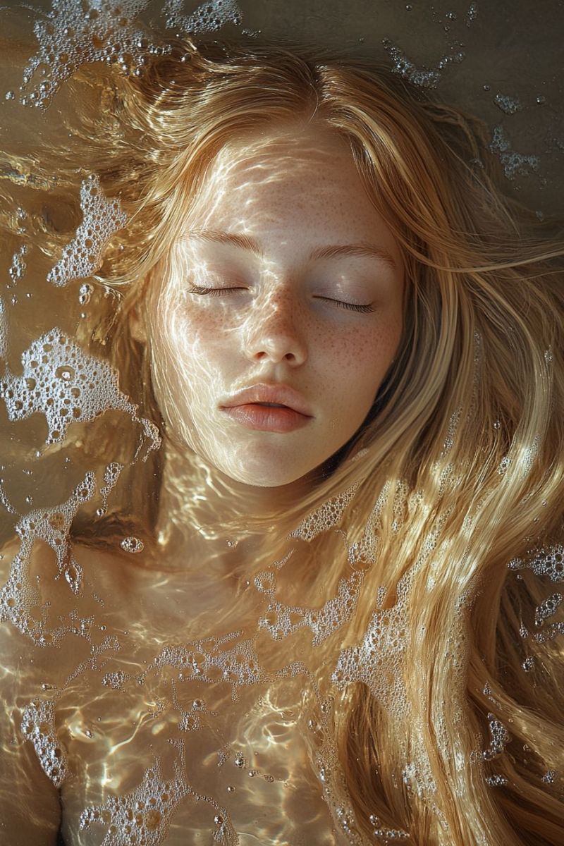 Eau fille cheveux visage yeux soleil bulles reflexion mouille beaute gros sous naturel Une jeune femme aux longs cheveux blonds ondulés flotte dans l'eau, les yeux fermés et le visage serein. Elle est submergée dans l'eau, avec des bulles flottant doucement autour d'elle. Ses cheveux sont mouillés et semblent être illuminés par la lumière du soleil, créant une douce lueur dorée. L'eau autour d'elle est claire, et la lumière se reflète sur la surface, ajoutant à la qualité éthérée de l'image.