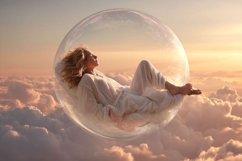 Femme nuage ciel reve fantaisie sommeil bulle soleil coucher soiree horizon reveur ethere meditation relaxation paisible serein imagination Une femme flotte sereinement dans une bulle transparente au-dessus de nuages moelleux. Elle porte une robe blanche fluide et a les yeux fermés, semblant être dans un état de profonde relaxation ou de méditation. Ses cheveux sont lâchés et ondulés, et elle est allongée sur le dos avec les jambes légèrement fléchies. La bulle dans laquelle elle se trouve est grande et ronde, et elle semble flotter sans effort dans le ciel. Le ciel autour d'elle est d'une couleur douce et chaude, indiquant peut-être un coucher ou un lever de soleil.