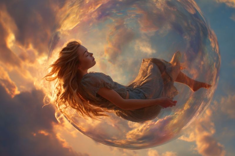 Girl cloud sky bubble dream fantasy imagination freedom sunset colorful dreamy ethereal surreal inspiration inspirational motivation A young girl with long, wavy blonde hair floats serenely inside a large, transparent bubble against a back of a dramatic, colorful sky filled with clouds. She wears a simple, flowing dress and appears to be in a state of peaceful rest, her eyes closed and her body gently swaying. The bubble she is in is large and round, with a slight distortion on its surface, giving it a surreal, dreamlike quality. The sky around her is a mix of warm oranges, pinks, and deep blues, creating a vivid and enchanting atmosphere.