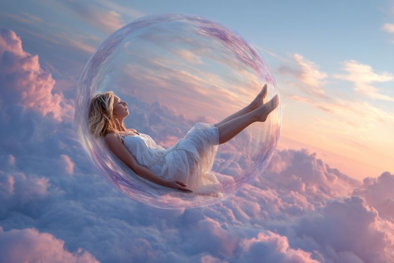 Woman cloud sky bubble dream fantasy imagination freedom relaxation meditation zen peace serenity bliss ethereal surreal inspiration inspirational A woman floats serenely inside a transparent bubble, her body gracefully stretched out. She wears a flowing white dress that billows around her. Her hair cascades down her back, and she gazes upward, seemingly lost in thought. The bubble is suspended amidst a sky filled with fluffy, pinkish clouds. The sky transitions from a deep blue to a soft pink, suggesting either dawn or dusk. The overall scene evokes a sense of tranquility and wonder.