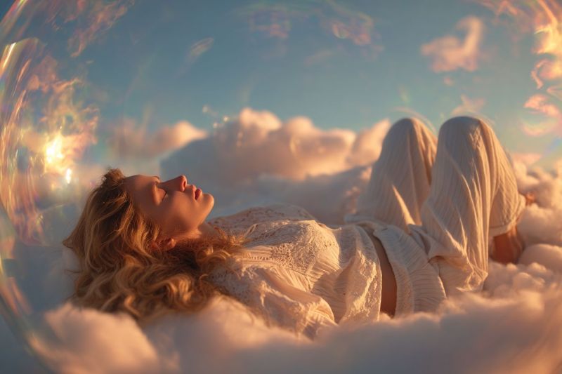 Femme nuage ciel reve fantaisie sommeil bulle soleil robe blouse manche jambe genou pied main doigt Une femme aux cheveux blonds est allongée sur un lit de nuages, les yeux fermés, semblant être dans un état de profonde relaxation ou de méditation. Elle porte une robe blanche et fluide qui flotte autour d'elle. La scène se déroule dans une sphère transparente, semblable à une bulle, donnant l'impression d'être dans un environnement onirique ou d'un autre monde. Le ciel au-dessus est un mélange de teintes bleues et orange, avec des nuages qui semblent flotter doucement autour d'elle. L'atmosphère générale est sereine et paisible.