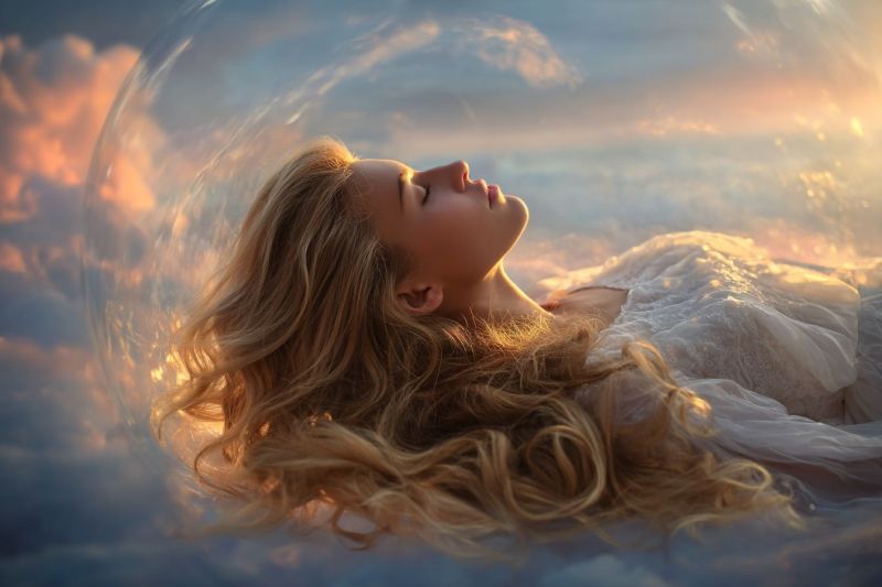 Femme sommeil reve nuage ciel soleil reveur fantaisie dormant onirique beaute fille princesse Une femme aux longs cheveux blonds ondulés est allongée sur le dos dans une bulle transparente, flottant dans le ciel. Elle porte une robe blanche et fluide qui flotte autour d'elle. Ses yeux sont fermés, et elle semble être dans un état paisible et rêveur. Le ciel derrière elle est un mélange de teintes bleues et orange, suggérant l'aube ou le crépuscule. La bulle dans laquelle elle se trouve est légèrement déformée, ajoutant une touche surréaliste à la scène.