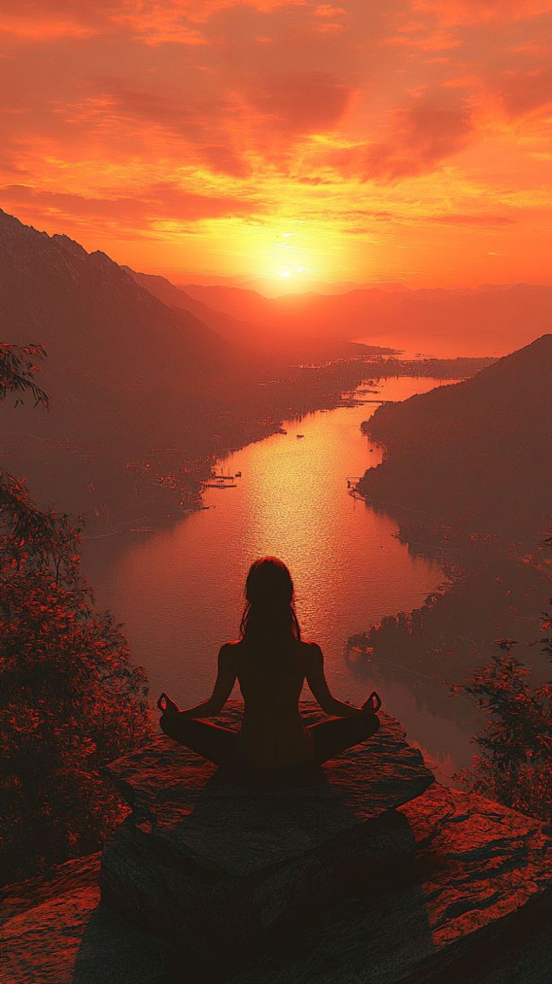 Meditation sunset yoga nature mountains river calm tranquility zen peaceful reflection water sky clouds evening outdoors beauty inspiration A silhouette of a woman is sitting in a meditative pose on a rock, facing the sunset. She is surrounded by a serene landscape featuring a river flowing through a valley, with mountains in the background. The sky is painted in warm hues of orange and yellow, indicating the setting sun. The river reflects the colors of the sky, and the mountains are silhouetted against the vibrant sky. The scene is peaceful and tranquil, with the woman's pose suggesting a moment of reflection and calm.