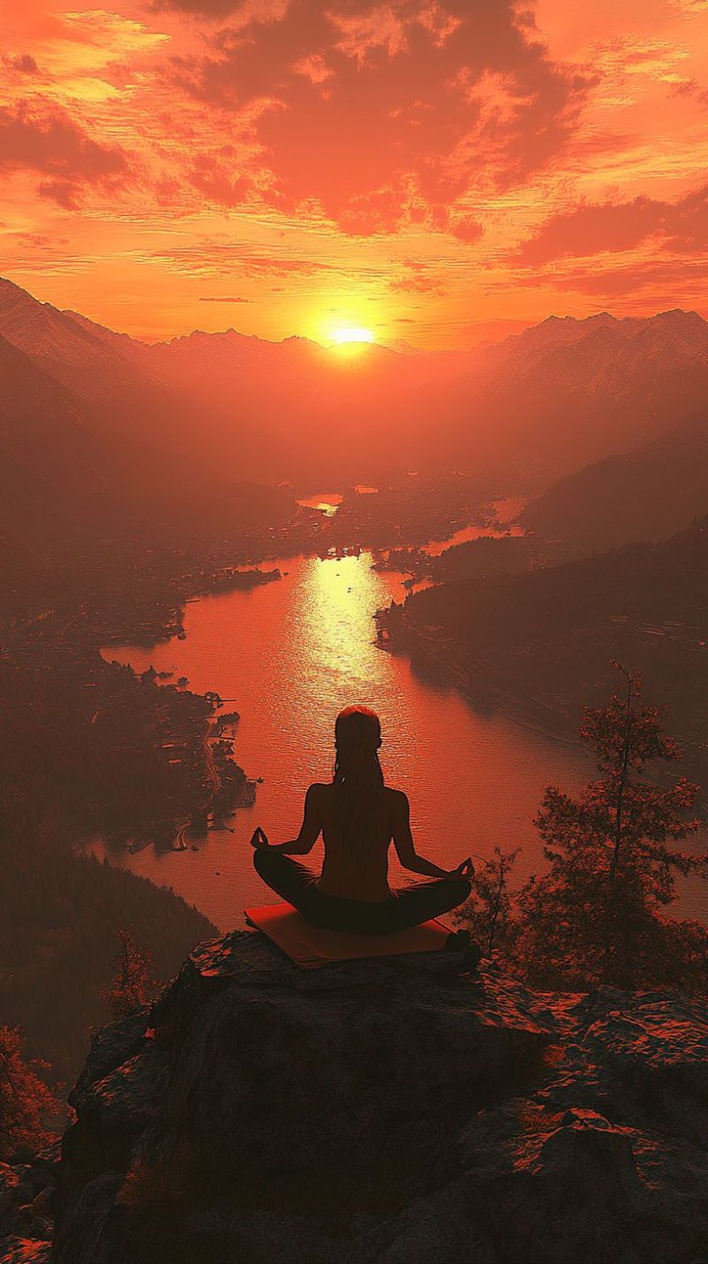 Meditation yoga sunset mountain lake nature sky clouds water reflection rock tree evening calm peaceful zen tranquility outdoors A woman is sitting on a rock in a meditative pose, with her legs crossed and hands resting on her knees. She is facing the sunset, which is casting a warm orange glow over the landscape. The sun is setting behind a mountain range, and the sky is filled with clouds. The woman is surrounded by a serene and peaceful environment, with a lake and trees in the foreground. The image conveys a sense of tranquility and inner peace.
