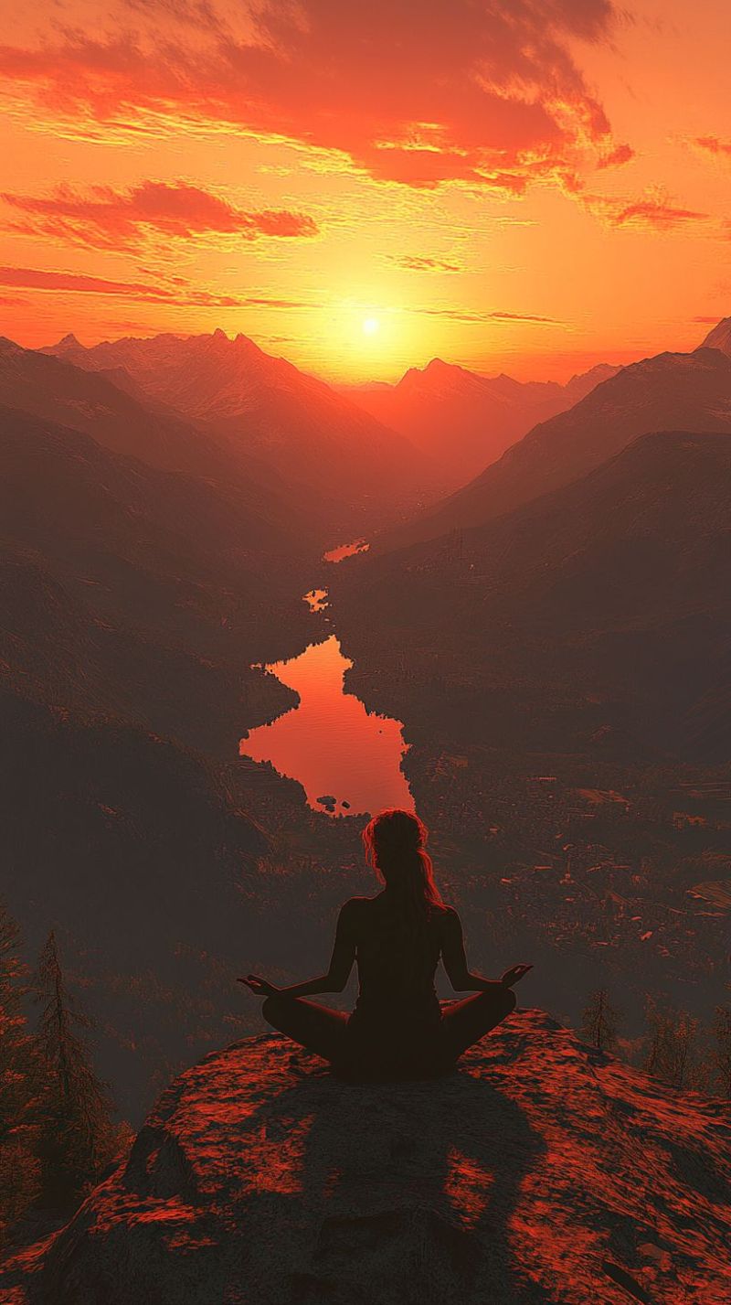 Meditation mountain lake sunset yoga nature reflection sky water clouds evening zen calm peaceful outdoors horizon A silhouette of a woman is seated in a meditative pose on a rocky cliff, facing the setting sun. The sun is partially hidden behind a mountain range, casting a warm, orange glow across the sky and reflecting on the water below. The water appears to be a lake or river, surrounded by mountains and trees. The sky is filled with clouds, some of which are illuminated by the setting sun. The overall scene is peaceful and serene, with the woman appearing to be in a state of deep relaxation and contemplation.