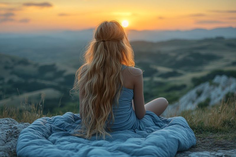 Femme montagne coucher soleil ciel nuages herbe rocher cheveux nature air soiree relaxation meditation liberte solitude inspiration dos Une femme aux longs cheveux blonds est assise sur une couverture sur une colline rocheuse, le dos tourné vers la caméra. Elle porte une robe bleue sans manches. Le soleil se couche en arrière-plan, projetant une lueur chaude sur le paysage. Les collines et les montagnes au loin sont couvertes d'herbe et ont quelques arbres. Le ciel est un mélange de teintes orange et roses, indiquant la fin de la journée.