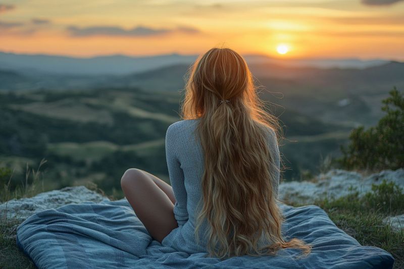 Femme montagne coucher soleil nature ciel nuages collines herbe cheveux reflet beaute liberte meditation inspiration dos Une femme aux longs cheveux blonds est assise sur une couverture sur une colline herbeuse, le dos tourné vers la caméra. Elle porte un haut à manches longues bleu clair. Le soleil se couche au loin, projetant une lueur chaude sur le paysage. Le ciel est un mélange de teintes orange et roses, avec le soleil partiellement caché derrière l'horizon. L'arrière-plan présente des collines ondulantes et une chaîne de montagnes au loin.