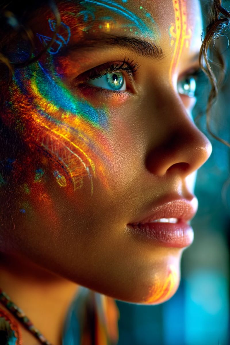 Woman beauty colorful design eye fashion female girl glow hair makeup pattern skin paint A close-up of a woman's face with vibrant, multicolored face paint. The paint features a mix of bright colors including red, yellow, blue, and green, forming intricate patterns that resemble feathers or abstract designs. Her eyes are blue and slightly open, with long, dark eyelashes. Her lips are slightly parted, and her skin has a smooth, glowing texture. The background is blurred, suggesting a focus on the face paint and the woman's expression.