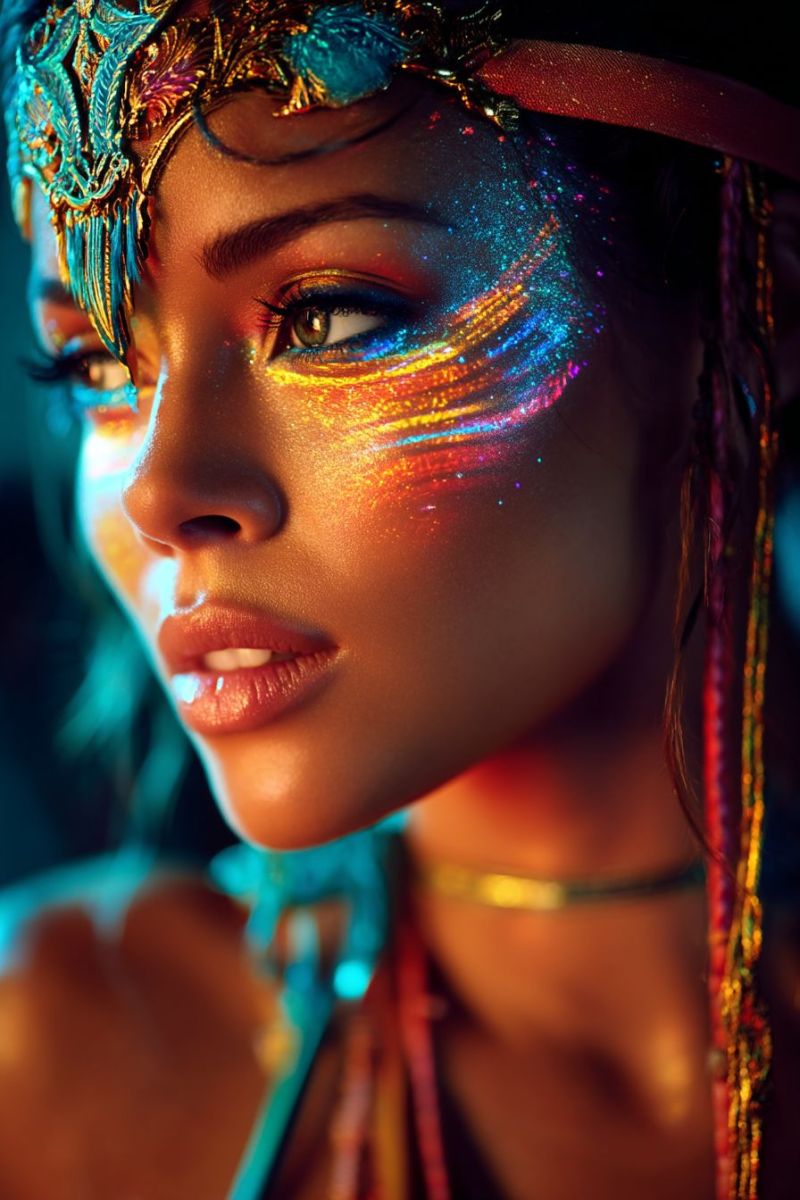 Woman makeup beauty fashion glamour jewelry accessories hair hairstyle headband headpiece feathers accessory A close-up portrait of a woman with vibrant, colorful face paint. Her face is adorned with intricate designs in shades of blue, yellow, and red, creating a striking contrast against her skin. She wears a golden headdress with feathers and a red headband. Her eyes are highlighted with blue and yellow paint, and her lips are painted in a soft pink. The background is dark, focusing attention on her face and the detailed makeup.