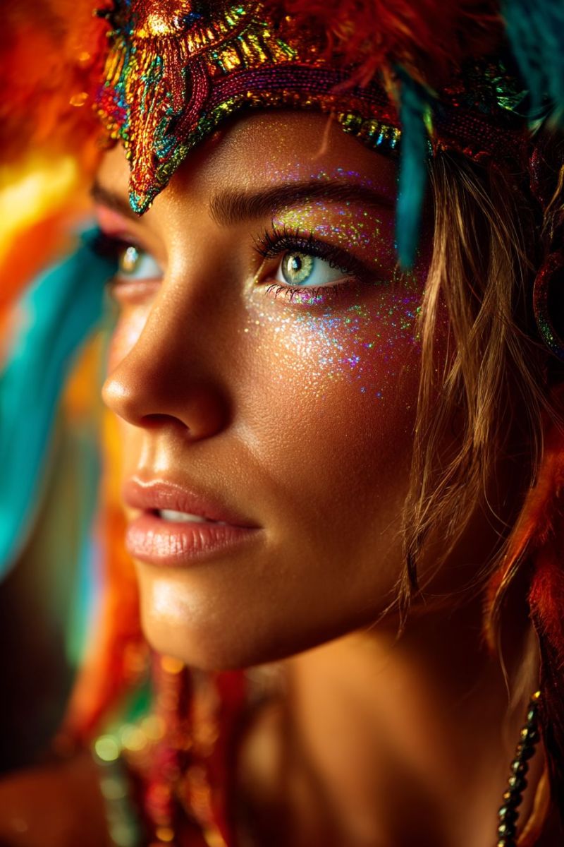 Woman makeup glamour beauty eye eyelash eyeshadow eyeliner lipstick jewelry necklace earring headband feathers lip gloss A close-up portrait of a woman with striking features. She has a vibrant, colorful headdress adorned with feathers and intricate designs, primarily in red, green, and blue hues. Her face is dusted with glitter, particularly around her eyes, which are a captivating shade of green. Her lips are subtly painted, and her skin has a smooth, glowing complexion. The background is blurred, focusing attention on her expressive face and elaborate headpiece.