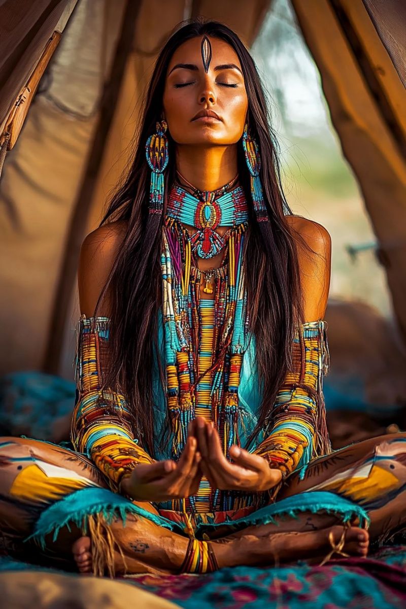 Femme autochtone tete amerindiens spirituel meditation mode indienne habillement tribale serenite ambiance paisible pantalon yoga tente Femme autochtone tete amerindiens spirituel meditation mode indienne habillement tribale serenite ambiance paisible pantalon yoga tente