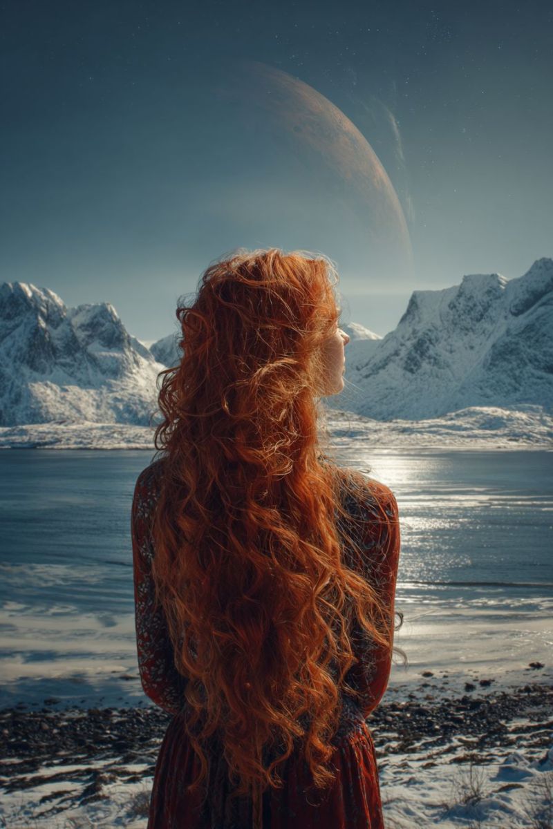 Woman mountain snow lake sky water reflection winter nature ice frost cold chilly outdoors scenery beauty majestic A woman with long, fiery red hair stands facing away from the camera, overlooking a serene winter landscape. Her hair cascades down her back, contrasting with the snowy mountains and icy waters in the background. The sky is clear, with a large planet visible, adding a touch of fantasy to the scene. The mountains are covered in snow, and the water reflects the sky and planet, creating a peaceful and otherworldly atmosphere.