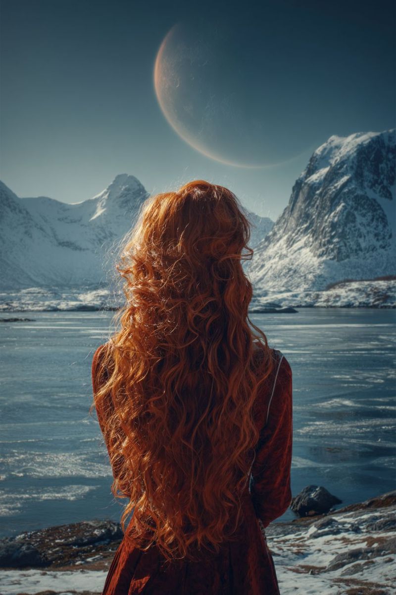 Mountains snow water sky reflection lake rock ice winter frost frosty cold chilly chill out weather day night morning evening A woman with long, curly red hair stands facing away from the camera, overlooking a serene landscape. She wears a long, dark red dress. Behind her, a large, glowing moon is partially eclipsed, casting a soft light over the snowy mountains and icy waters. The mountains are covered in snow, and the water is calm with a reflection of the moon. The sky is clear and blue.