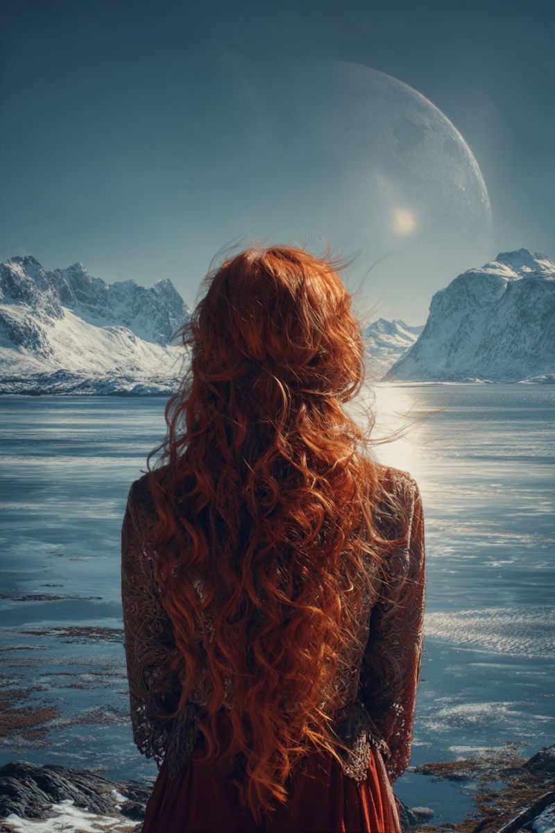 Woman mountain sea sky water dress ocean reflection sun nature snow rock ice cloud horizon A woman with long, curly red hair stands facing away from the viewer, overlooking a serene landscape. She wears a flowing, dark red dress with intricate patterns. Behind her, a vast, icy mountain range stretches into the distance, covered in snow. The sky is clear, with a large, glowing moon hanging above the horizon, casting a soft light over the scene. The water in the foreground is calm and reflects the moonlight, creating a tranquil and mystical atmosphere.