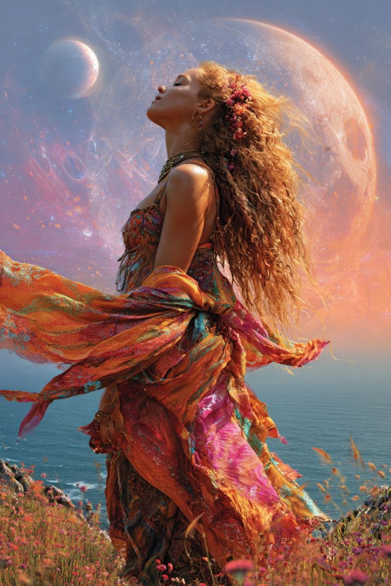 Femme robe fleurs lune ocean ciel planete etoiles fantaisie espace univers celeste reveur mystique floral Une femme aux cheveux bouclés se tient sur une falaise surplombant l'océan, sa robe flottant dans le vent. Elle porte un collier et des boucles d'oreilles, et ses cheveux sont ornés de fleurs. Elle regarde vers le haut, apparemment perdue dans ses pensées, avec une grande lune brillante et une planète lointaine dans le ciel derrière elle. Le ciel est un mélange de teintes bleues et orange, et l'océan est calme et serein.