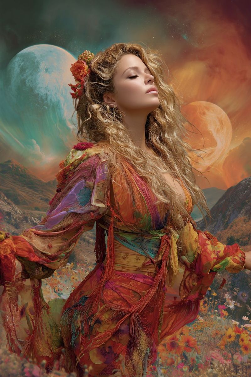 Femme fantaisie robe fleur lune ciel nuit reve beaute Une femme aux longs cheveux blonds ondulés se tient dans un champ vibrant de fleurs, les yeux fermés comme en profonde réflexion ou méditation. Elle porte une robe fluide aux multiples couleurs ornée de franges et de motifs floraux, lui donnant une apparence éthérée. Ses cheveux sont décorés de fleurs lumineuses, ajoutant à son aspect mystique. Derrière elle, le ciel est un mélange de bleus profonds et d'oranges ardents, avec deux corps célestes—une grande lune brillante et une planète en feu—dominant l'arrière-plan. Le paysage est montagneux, avec un sentiment de vastitude et de merveille.