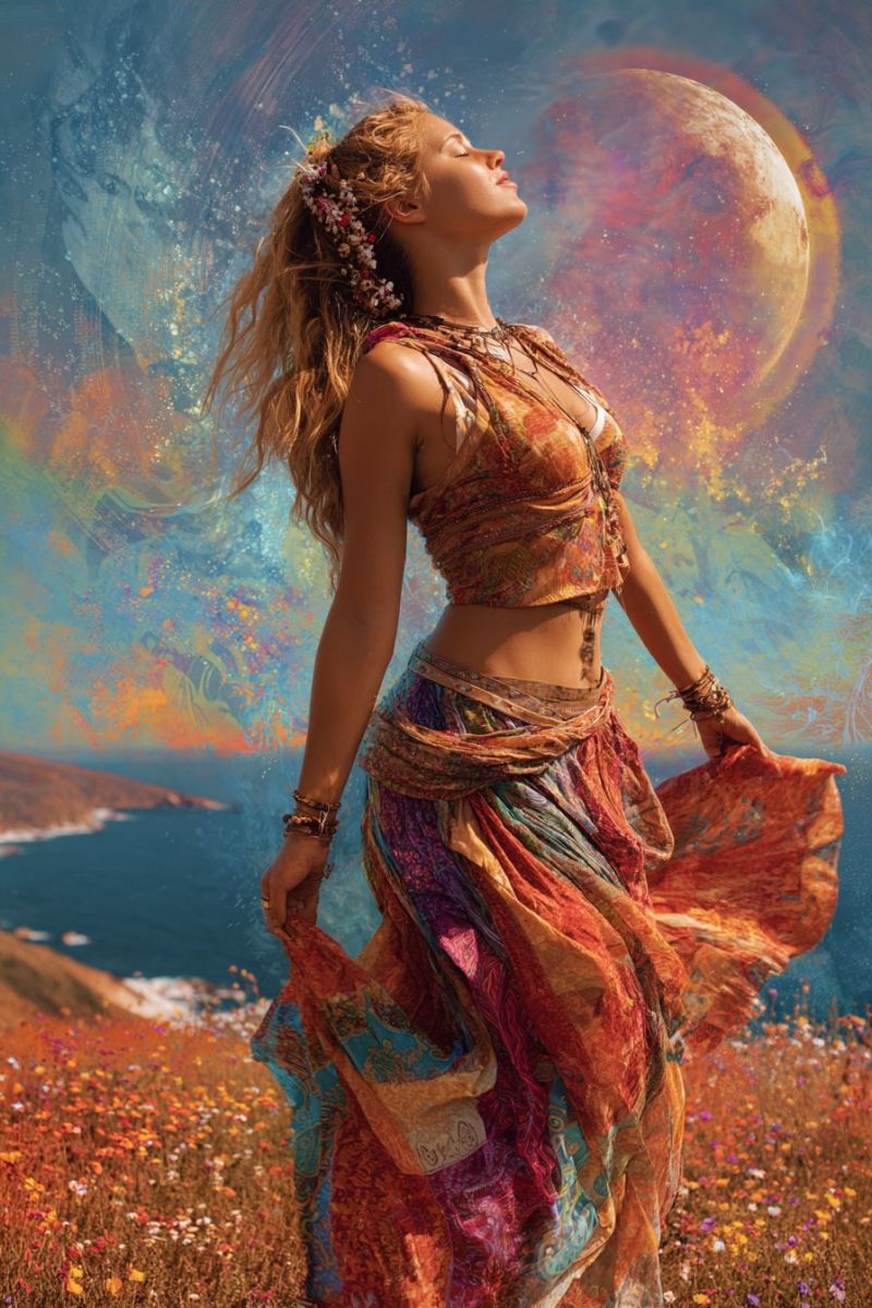 Woman field flowers dress moon sky ocean fantasy painting colorful dreamy inspiration beauty nature A woman with long, wavy hair stands in a field of flowers, her eyes closed and her face turned upward. She wears a colorful, flowing dress adorned with intricate patterns and a necklace with a pendant. Her hair is decorated with flowers, and she has bracelets and rings on her wrists and fingers. Behind her, a large, glowing moon is depicted in a vibrant, abstract style, surrounded by a colorful, swirling background. In the distance, there is a serene sea and a rocky cliff.