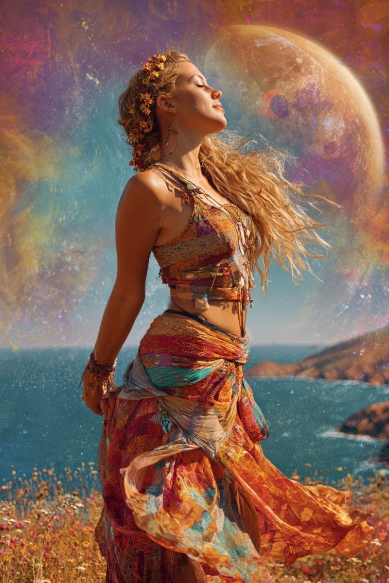 Femme lune robe mer ciel plage meditation fantaisie coloree nature fleur couronne Une femme se tient sur un champ d'herbe, les yeux fermés et le visage tourné vers le haut, peut-être dans un moment de méditation ou de prière. Elle porte une robe colorée et fluide ornée de motifs complexes et une couronne de fleurs sur la tête. Ses longs cheveux ondulés flottent librement. Derrière elle, une grande lune vibrante avec un arrière-plan surréaliste et coloré domine la scène. L'arrière-plan présente un mélange de teintes violettes, bleues et jaunes, créant une atmosphère onirique. Au loin, un océan serein et une côte rocheuse sont visibles, ajoutant à ce cadre tranquille.
