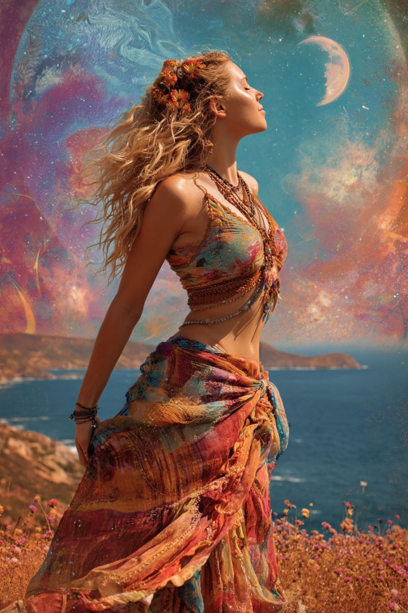 Woman dress flowers necklace jewelry moon sky ocean beach painting fantasy dreamy inspiration creativity beauty A woman with long, wavy blonde hair stands on a cliff overlooking the ocean. She wears a colorful, flowing dress with a patterned top and a beaded necklace. Her hair is adorned with small flowers. She gazes upward, seemingly lost in thought, with a serene expression. Behind her, the sky is a vibrant mix of blues, purples, and pinks, with a crescent moon and a large, abstract planet in the background. The ocean stretches out below, with a small island visible in the distance.
