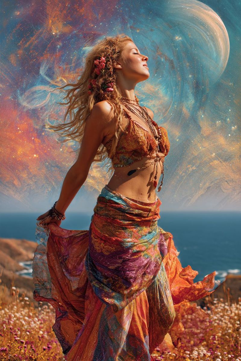 Femme robe fleurs collier bijoux ceinture jupe Une femme aux longs cheveux blonds ondulés se tient dans un champ de fleurs sauvages, les yeux fermés et le visage tourné vers le haut. Elle porte une jupe colorée et fluide ainsi qu'un collier de perles. Ses cheveux sont ornés de petites fleurs. Derrière elle, un arrière-plan tourbillonnant et vibrant présente une grande planète lumineuse et un ciel étoilé. L'océan est visible en arrière-plan, et le ciel passe des bleus profonds aux oranges et jaunes chauds.