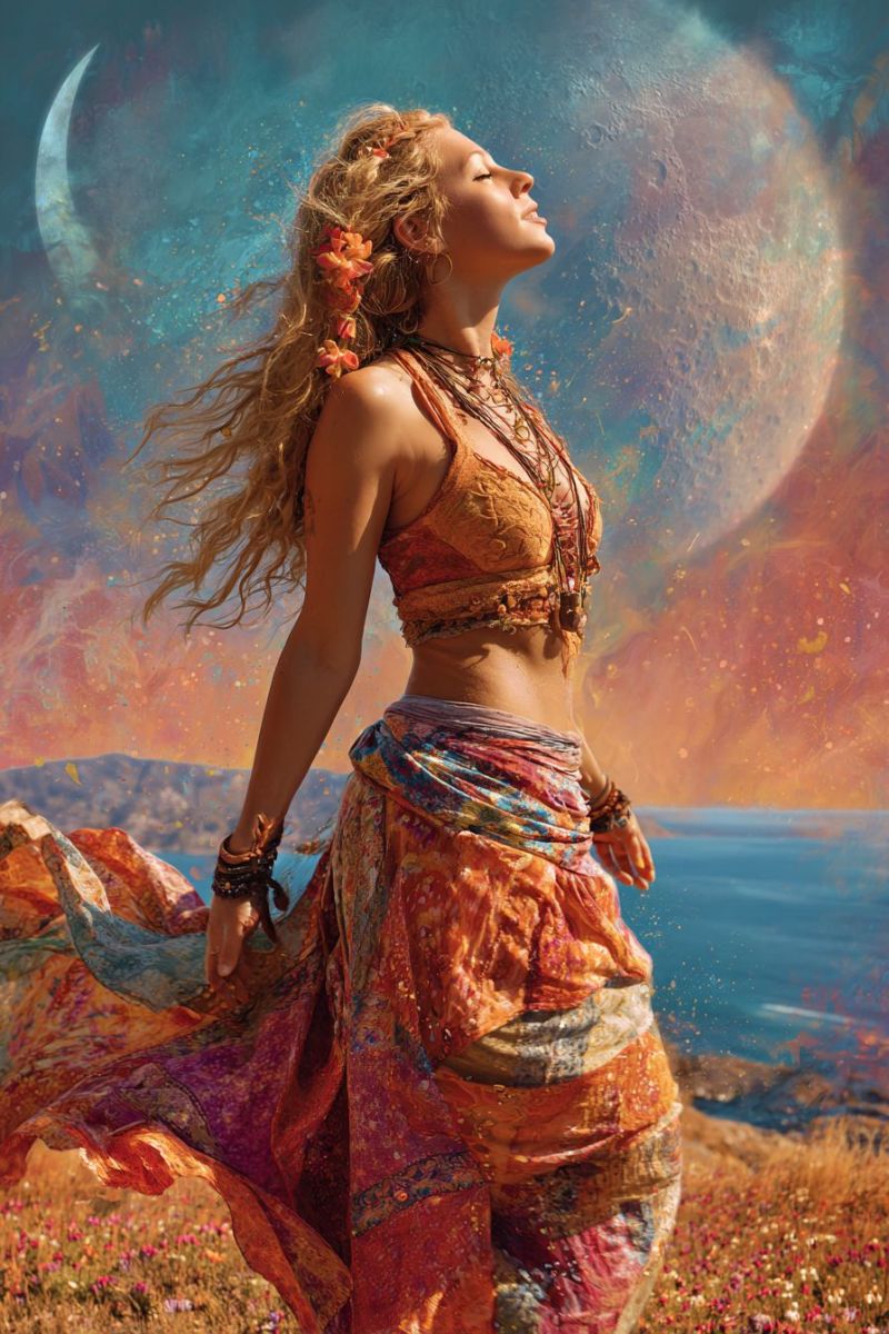 Femme fantaisie fille Une femme aux longs cheveux blonds ondulés se tient sur un champ d'herbe, sa robe flottant dans la brise. Elle porte une robe colorée et à motifs avec une jupe ample et fluide et un haut ajusté orné de dessins complexes. Ses cheveux sont décorés de petites fleurs vibrantes. Elle regarde vers le haut, apparemment émerveillée par la grande lune lumineuse dans le ciel, entourée d'un arrière-plan vibrant et tourbillonnant de bleus, oranges et violets. La scène se déroule sur fond de mer sereine et de montagnes lointaines, créant une atmosphère mystique et enchanteresse.