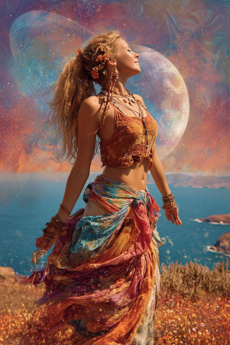 Femme fantaisie cosmique espace lune ocean plage mer ciel nuages etoiles fleurs bijoux robe Une femme aux longs cheveux blonds ondulés se tient sur une colline herbeuse, les yeux fermés et la tête inclinée vers le haut. Elle porte une jupe colorée et fluide ainsi qu'un débardeur à motifs, ornée de plusieurs colliers et bracelets. Derrière elle, une grande lune lumineuse est représentée sur un fond de couleurs tourbillonnantes, incluant des nuances de bleu, d'orange et de rose. La scène se déroule sur fond d'un océan serein et d'un rivage rocheux au loin.