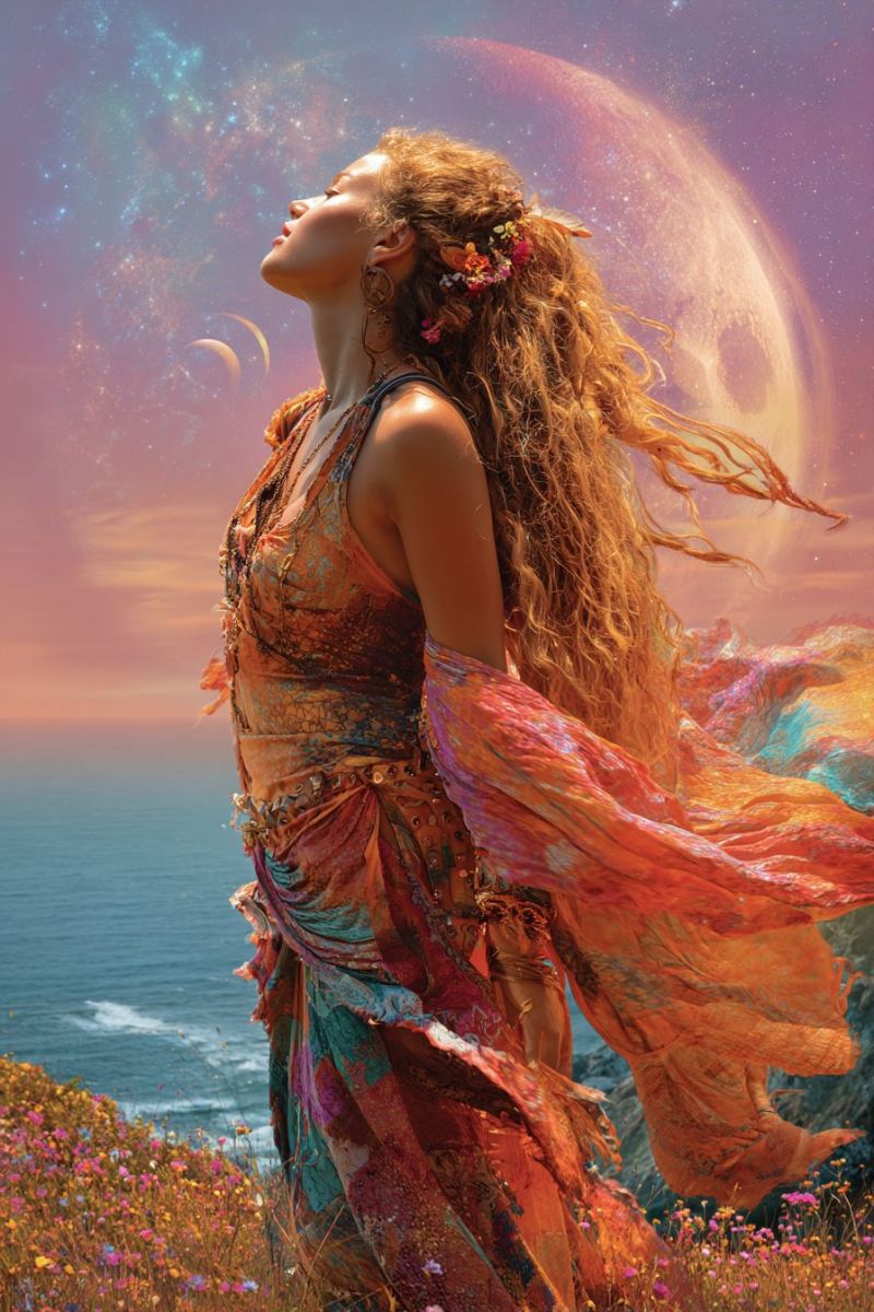Femme robe coiffure boucles oreilles collier bijoux fantaisie imagination inspiration creativite beaute nature ocean ciel etoiles fleur Une femme aux longs cheveux bouclés se tient sur une colline herbeuse, regardant vers le ciel. Elle porte une robe fluide aux multiples couleurs ornée de motifs complexes et un collier avec un pendentif. Ses cheveux sont décorés de fleurs et de plumes, et sa robe flotte dans le vent. Derrière elle, le ciel est un mélange vibrant de violet et de bleu, avec des étoiles et une grande planète lumineuse. À l'horizon, on découvre un océan serein, et le sol est couvert d'une variété de fleurs colorées.