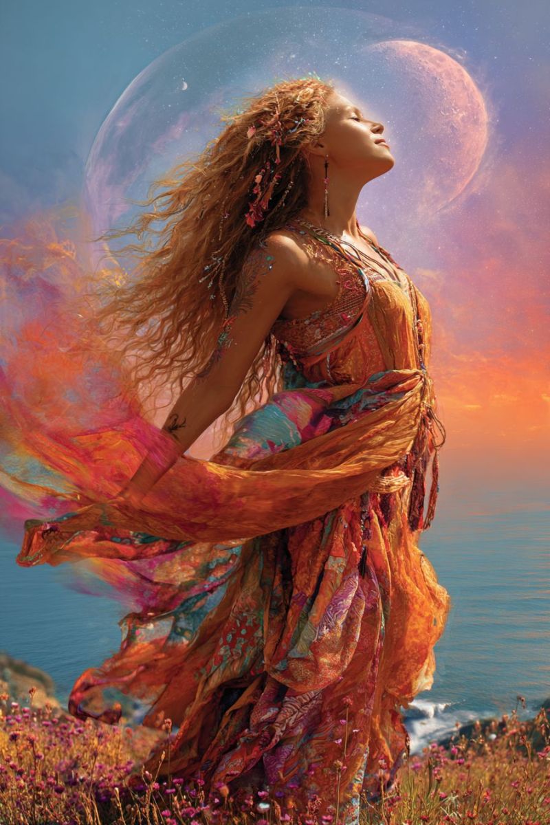 Woman dress flowers sky moon ocean flower night sunset clouds stars space universe fantasy painting imagination dream A woman with long curly hair stands on a cliff overlooking the ocean, her eyes closed and her head tilted upward. She wears a flowing, multicolored dress adorned with intricate patterns and a necklace with dangling pendants. Her dress billows in the wind, and her hair flows freely. Behind her, the sky is a blend of blue and orange hues, with a large, glowing moon and a smaller, faint moon in the distance. The ocean below is calm, and the cliff is covered with wildflowers.