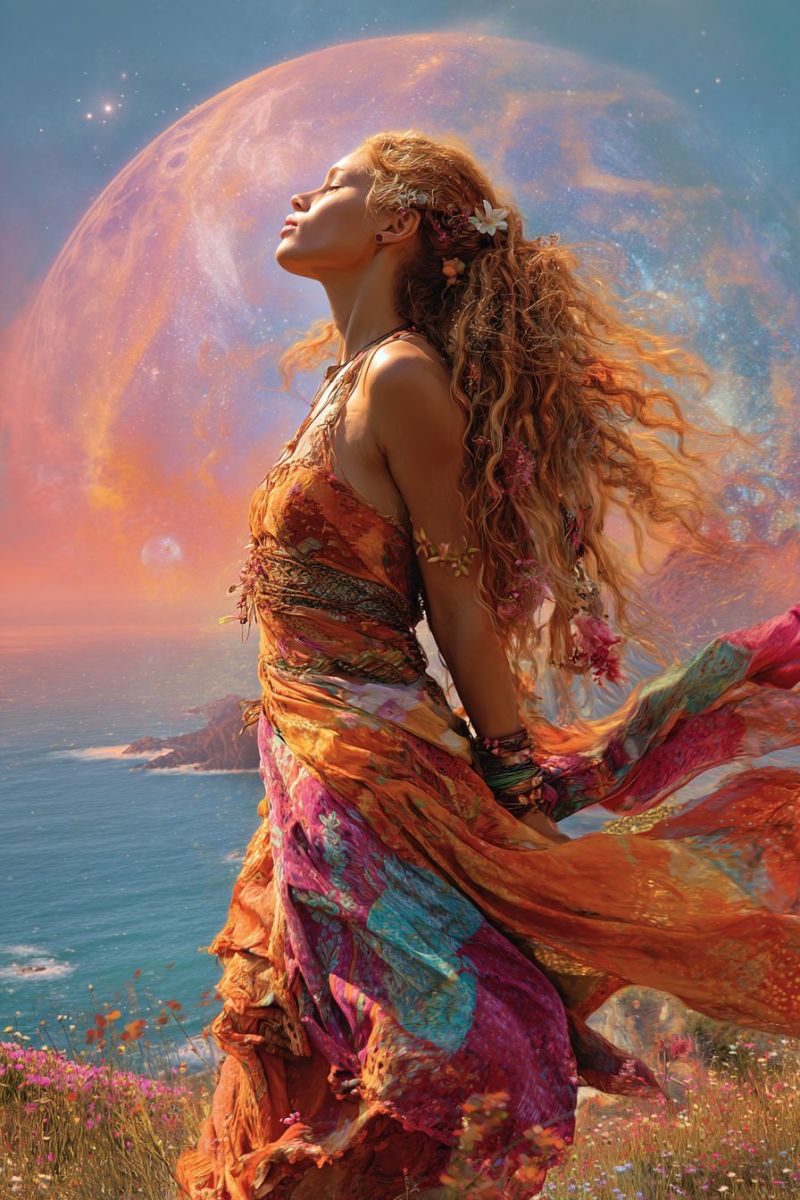 Femme robe fleurs lune ocean ciel coucher soleil plage nature fantaisie reve inspiration beaute liberte emotion Une femme aux longs cheveux bouclés se tient sur un champ d'herbe, les yeux fermés et la tête inclinée vers le haut comme si elle contemplait le ciel. Elle porte une robe fluide aux multiples couleurs ornée de motifs complexes et d'accessoires floraux. La robe flotte autour d'elle, captant le vent. Derrière elle, une grande lune lumineuse domine le ciel, projetant une lumière douce et éthérée. L'arrière-plan présente un océan serein et un horizon lointain, avec le ciel peint de teintes d'orange et de bleu. La scène générale est vibrante et onirique, avec un sentiment de tranquillité et d'émerveillement.