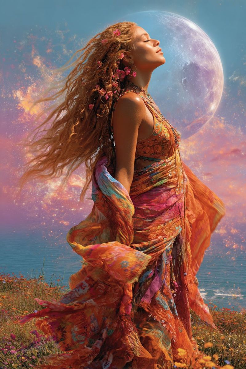 Woman dress moon flowers eyes necklace earrings flower sky night sea ocean water grass field meadow A woman with long, wavy blonde hair adorned with pink flowers stands on a grassy field, her eyes closed and her head tilted upward. She wears a flowing, multicolored dress with intricate patterns, and her hair flows freely in the breeze. Behind her, a large, glowing full moon dominates the sky, casting a soft, ethereal light over the scene. The background features a blend of vibrant colors, including shades of pink, purple, and blue, creating a dreamy, otherworldly atmosphere. The ocean is visible in the distance, with gentle waves lapping against the shore.
