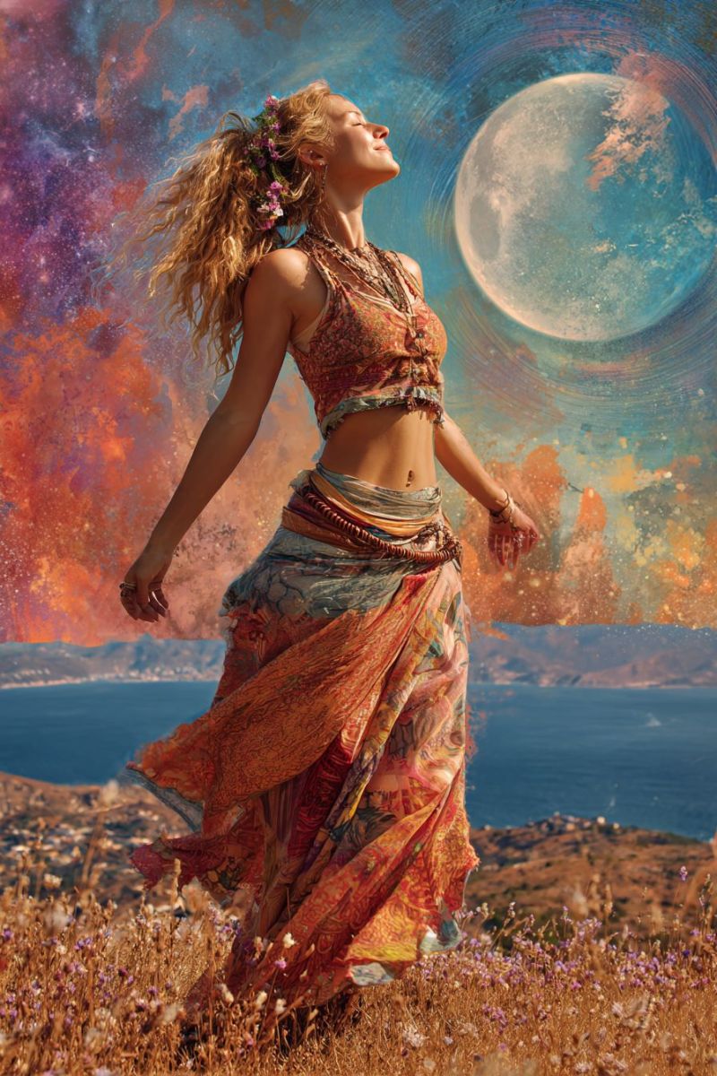 Femme champ lune robe ciel nuit fleur mer ocean montagne plage nuages etoiles univers cosmos galaxie espace Une femme aux longs cheveux blonds ondulés se tient dans un champ d'herbe haute, les yeux fermés et la bouche légèrement ouverte comme dans un moment de profonde contemplation ou de joie. Elle porte une jupe colorée et fluide et un débardeur à motifs, ornée de perles et de fleurs dans ses cheveux. Le fond présente un design abstrait vibrant avec une grande pleine lune lumineuse, entourée de couleurs tourbillonnantes de bleu, orange et rose. Le ciel est un mélange de bleus profonds et d'oranges ardents, créant une atmosphère dramatique et mystique. Au loin, il y a un corps d'eau serein et une silhouette de montagnes.