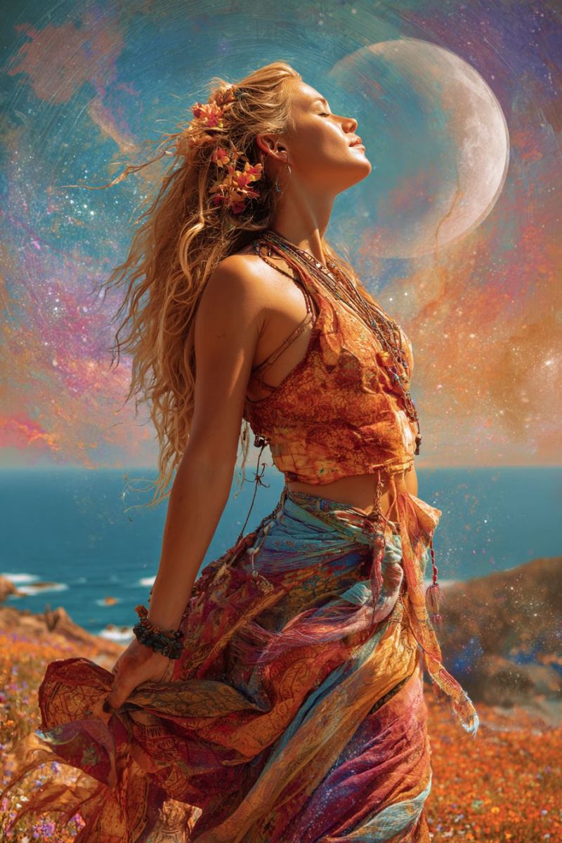Femme fantaisie lune fleurs robe collier bracelet boucles oreilles plage ocean ciel etoiles nuit meditation Une femme aux longs cheveux blonds ondulés se tient sur une falaise surplombant l'océan. Elle porte une robe multicolore vibrante avec un design ample et fluide, ornée de motifs complexes. Ses cheveux sont décorés de petites fleurs colorées. Elle regarde vers le haut, apparemment émerveillée par la grande lune lumineuse dans le ciel, entourée d'un fond coloré et étoilé. L'océan en contrebas est calme, avec de douces vagues léchant le rivage. La scène est baignée d'une lumière chaude et éthérée.