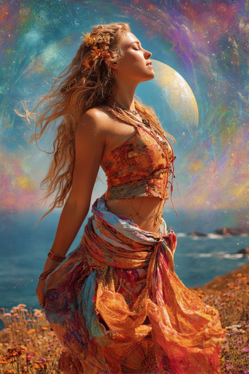 Femme fantaisie cosmique espace lune ocean fleurs robe bijoux collier bracelet floral Une femme aux longs cheveux blonds ondulés se tient sur une falaise surplombant l'océan. Elle porte une robe colorée et fluide avec un haut à motifs et une jupe qui flotte autour d'elle. Ses cheveux sont ornés de petites fleurs séchées. Elle regarde vers le haut, les yeux fermés, comme en profonde réflexion ou méditation. L'arrière-plan présente un design abstrait vibrant avec une grande lune lumineuse et un ciel étoilé. L'océan en contrebas est calme, avec de douces vagues léchant le rivage. La scène générale est baignée d'une lumière chaude et dorée.