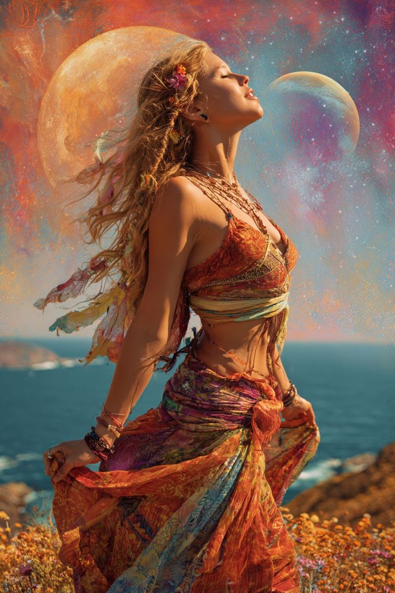 Femme fantaisie cosmique espace univers lune planete etoiles galaxie reveur ethere celeste Une femme aux longs cheveux blonds ondulés se tient sur une falaise surplombant l'océan. Elle porte une robe colorée et fluide ornée de motifs complexes et un collier de perles. Ses cheveux sont décorés de fleurs et de plumes, et elle a une expression sereine les yeux fermés. L'arrière-plan présente un design abstrait vibrant avec des éléments célestes comme des lunes et des étoiles, créant une atmosphère mystique. L'océan est calme, et le ciel est un mélange de teintes orange et bleues.