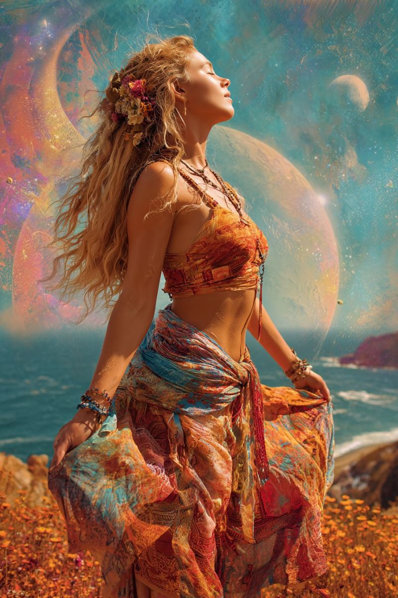 Woman beach flowers dress necklace jewelry ocean planets universe fantasy meditation contemplation inspiration surrealism dreamlike flower crown A woman with long blonde hair stands on a rocky cliff overlooking a vast ocean. She wears a colorful, flowing skirt and a patterned top, with a necklace and bracelets adorning her. Her hair is adorned with flowers, and she gazes upward, seemingly lost in thought. Behind her, the sky is a vibrant mix of blues, purples, and yellows, with celestial bodies like planets and moons floating in the background. The ocean stretches out beneath her, with waves gently lapping against the shore.