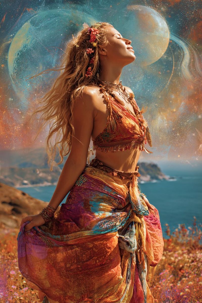 Woman fantasy cosmic space universe galaxy stars moon planets celestial dreamy ethereal mystical magical beautiful inspiration imagination A woman with long, wavy blonde hair stands on a cliff overlooking the ocean. She wears a colorful, flowing skirt and a beaded necklace. Her eyes are closed, and she has flowers in her hair. The background features a vibrant, abstract design with celestial elements like planets and stars. The sky is a mix of blue and orange hues, creating a dreamy, otherworldly atmosphere.