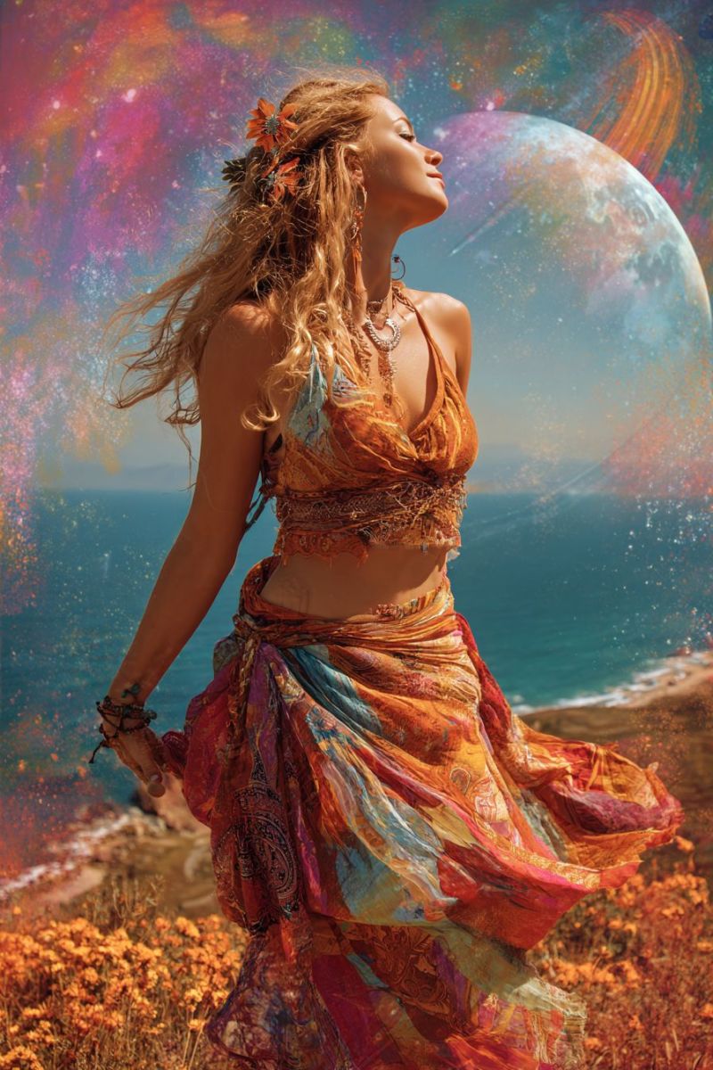 Femme plage robe fleurs bandeau bijoux lune ocean tenue ciel soleil tournesols coucher voyage eau vent Une femme aux longs cheveux blonds ondulés se tient sur un champ d'herbe, les yeux fermés et la tête inclinée vers le haut. Elle porte une robe colorée et fluide avec des motifs complexes et un collier de perles. Ses cheveux sont ornés de fleurs orange. Derrière elle, un arrière-plan abstrait et vibrant présente une grande planète lumineuse et une galaxie tourbillonnante. Le ciel est un mélange de bleus, de violets et de roses. Au loin, l'océan s'étend et l'horizon est parsemé de petites îles.