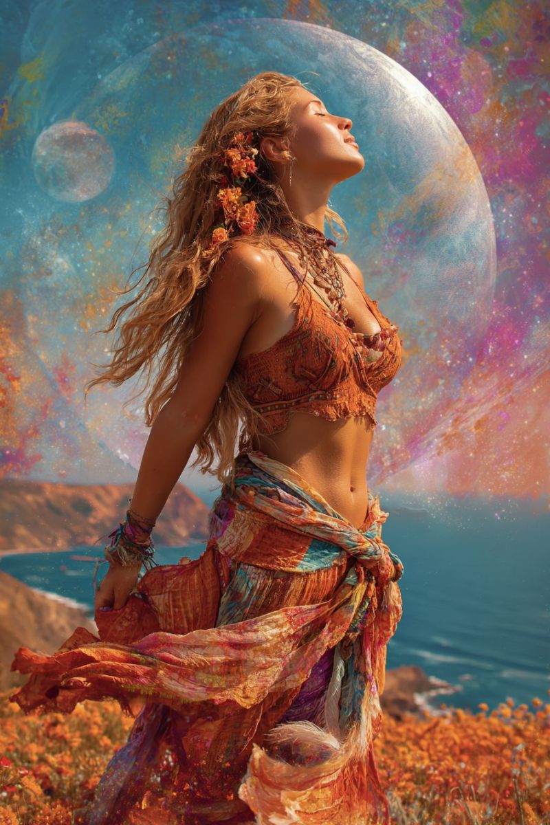 Femme robe collier fleur ciel lune ocean mer plage nature fantaisie reve inspiration Une femme aux longs cheveux blonds ondulés se tient dans un champ de fleurs orange vibrantes, les yeux fermés et la tête inclinée vers le haut. Elle porte une robe colorée et fluide avec une jupe à motifs et un collier de perles. Ses cheveux sont ornés de petites fleurs orange. Derrière elle, une grande sphère lumineuse avec un effet de ciel étoilé et un objet plus petit semblable à une lune est visible. L'arrière-plan présente un océan serein et un ciel bleu clair.