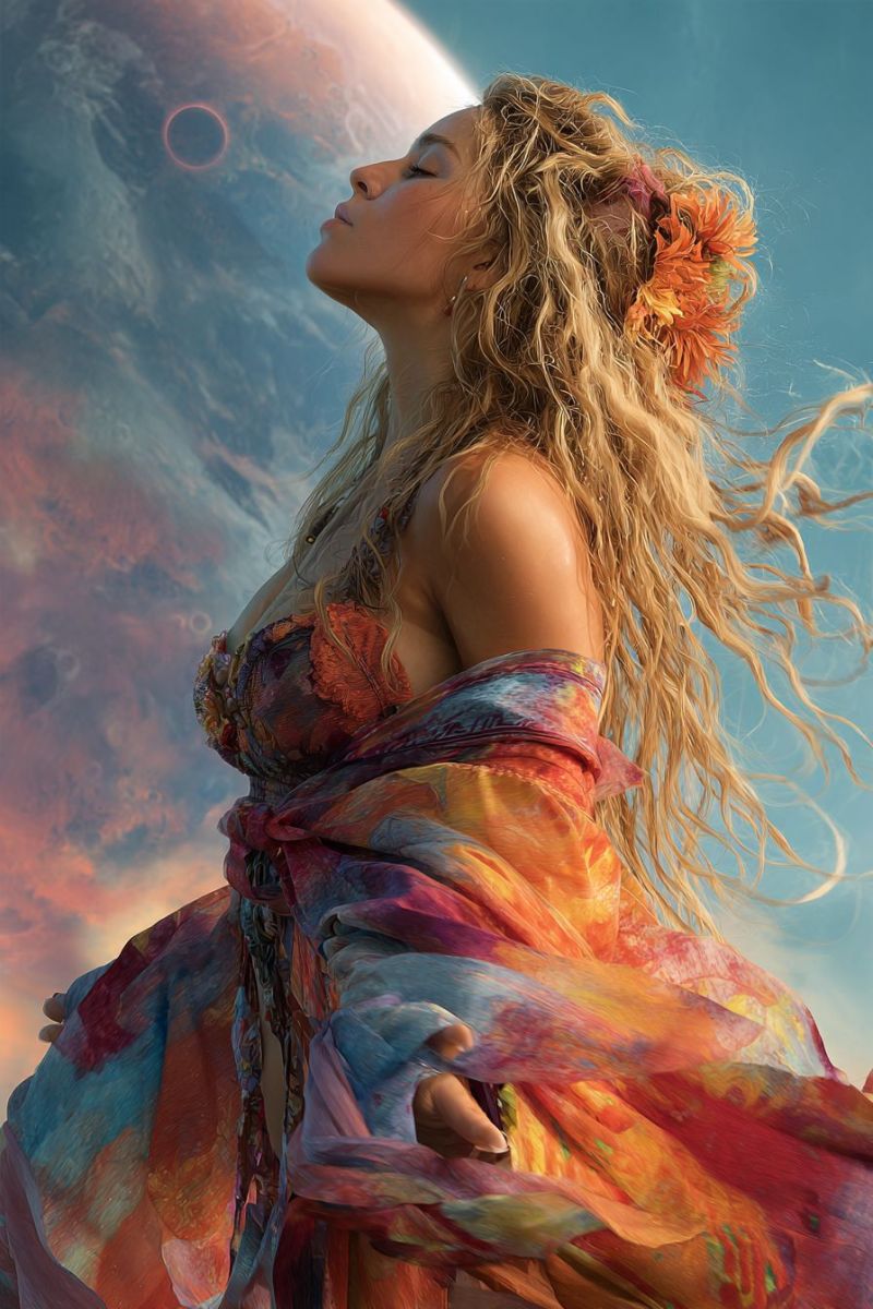 Femme robe fleur planete ciel espace univers fantaisie beaute coiffure Une femme aux longs cheveux blonds ondulés se tient devant un fond vibrant et coloré. Elle porte une robe fluide aux multiples couleurs ornée d'une fleur dans ses cheveux. Ses yeux sont fermés et elle semble regarder vers le haut, peut-être un corps céleste. Le fond présente une grande planète circulaire avec une teinte rougeâtre et un anneau sombre autour d'elle, sur un ciel bleu et orange.