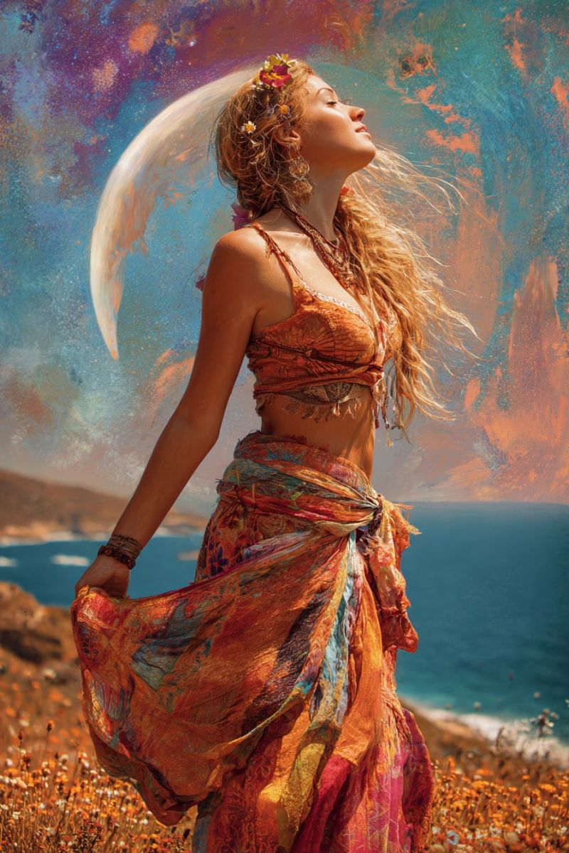 Femme fantaisie beaute design artiste creatif inspiration Une femme aux longs cheveux blonds se tient sur une falaise surplombant l'océan, portant une robe colorée et fluide ainsi qu'une couronne de fleurs. Elle a les yeux fermés et regarde vers le haut, peut-être vers la lune. L'arrière-plan présente une peinture abstraite vibrante avec des nuances de bleu, d'orange et de violet, créant une atmosphère rêveuse et mystique. L'océan est calme et le ciel est clair, avec les rayons du soleil brillant sur la femme et les environs.