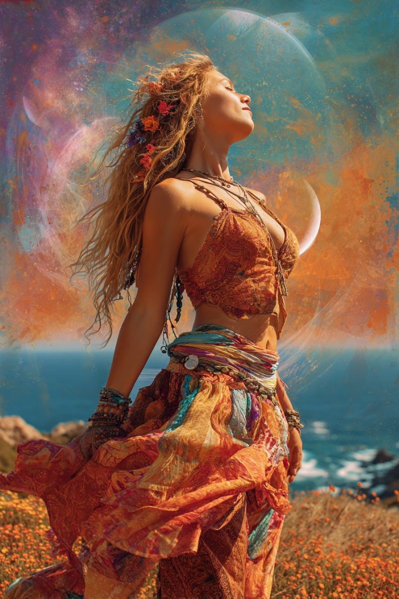 Femme fantaisie beau robe bijoux collier bracelet fleurs mer ocean Une femme aux longs cheveux blonds ondulés ornés de fleurs colorées se tient sur une falaise surplombant l'océan. Elle porte un haut sans manches à motifs avec des dessins complexes et une jupe fluide multicolore. Ses yeux sont fermés et elle semble dans un état de contemplation ou de méditation. L'arrière-plan présente un design abstrait vibrant avec des teintes de bleu, orange et rose, créant une atmosphère surréaliste et mystique. L'océan s'étend en dessous, avec des vagues léchant doucement les rochers.