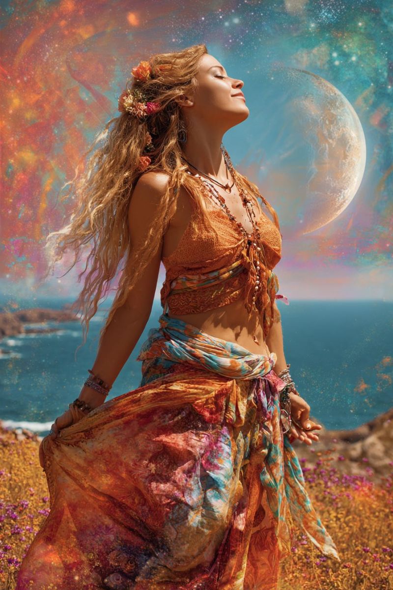 Woman fantasy flowers dress necklace jewelry moon ocean sky clouds stars universe space cosmic galactic celestial astral A woman with long, wavy blonde hair adorned with flowers stands in a field of vibrant flowers under a colorful, starry sky. She wears a flowing, multicolored dress with a beaded necklace and bracelets. Her eyes are closed, and she appears to be gazing upward at a large, glowing moon in the sky. The background features a serene ocean and a rocky shore, blending into the mystical, colorful sky.