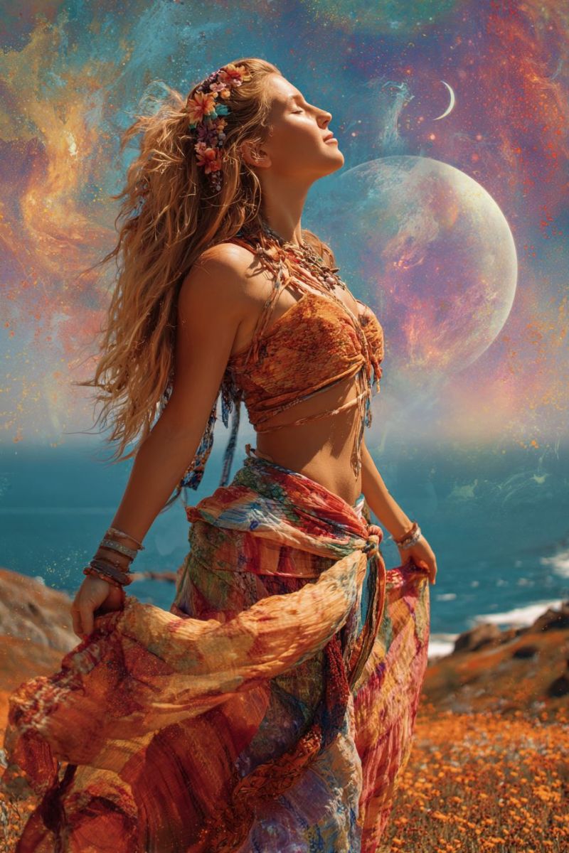 Femme plage ocean lune etoiles fantaisie reveur nature liberte inspiration cosmique celeste ethere mystique fleur couronne fluide robe regard Une femme aux longs cheveux blonds ondulés se tient sur une falaise surplombant l'océan. Elle porte une robe colorée et fluide ornée de motifs complexes et une couronne de fleurs sur la tête. Ses yeux sont fermés, et elle semble être dans un état de profonde contemplation ou de méditation. L'arrière-plan présente un design abstrait vibrant avec une grande planète lumineuse et un croissant de lune, créant une atmosphère mystique et d'un autre monde. Le ciel est un mélange de bleus, de violets et de rouges, ajoutant à l'ambiance surréaliste et fantastique de l'image.