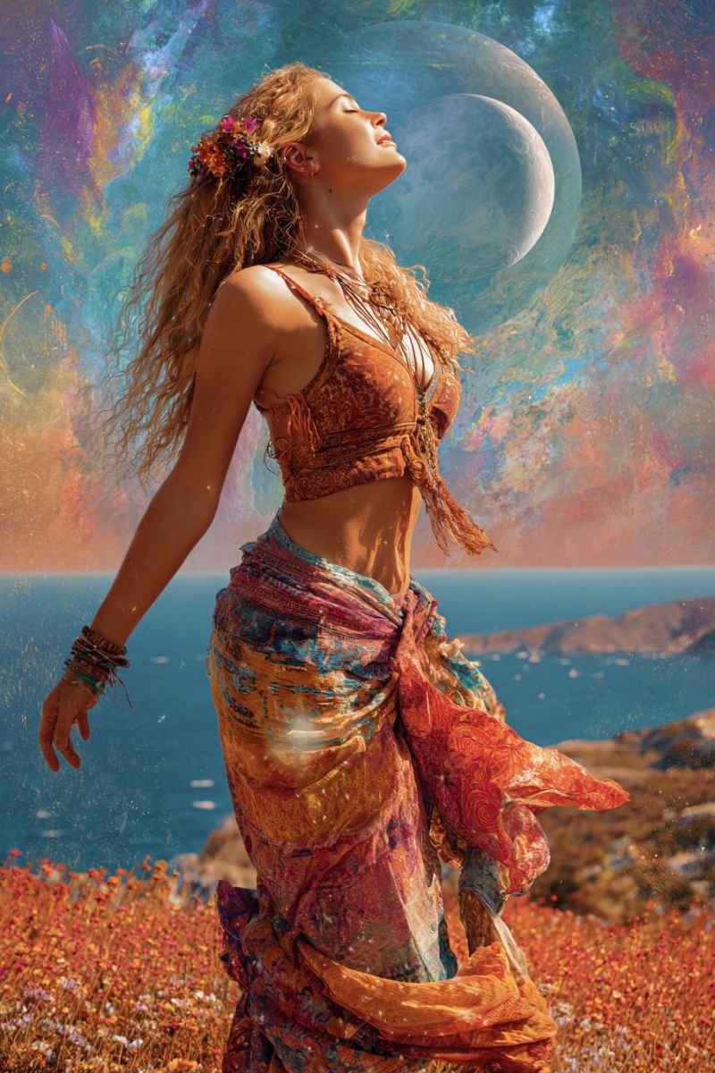 Woman dress flowers moon ocean sky clouds mountains beach sunset evening nature painting fantasy dreamy inspiration flower crown A woman with long curly hair stands in a field of flowers, her eyes closed and her arms outstretched. She wears a colorful, flowing skirt and a patterned top, with flowers in her hair. Behind her, a vibrant background features a large, glowing moon and a swirling galaxy. The sky is a mix of blues, purples, and yellows, creating a dreamy, otherworldly atmosphere. The ocean stretches out below, with distant islands visible on the horizon.