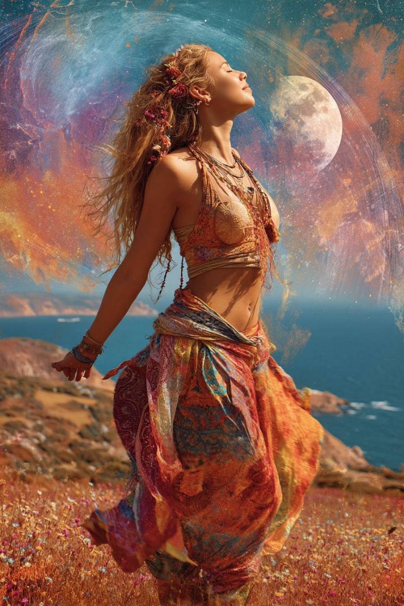 Femme champ fleurs robe lune ciel ocean nuit etoiles beaute liberte nature meditation spiritualite inspiration creativite imagination Une femme aux longs cheveux blonds ondulés ornés de fleurs se tient sur un pré sous un ciel vibrant et coloré. Elle porte une jupe colorée et fluide ainsi qu'un collier de perles. Les yeux fermés, elle semble regarder la lune, grande et pleine, brillant intensément contre le fond d'un ciel tourbillonnant aux multiples couleurs. L'arrière-plan présente un océan serein et un horizon lointain, ajoutant à l'atmosphère mystique et éthérée de la scène.