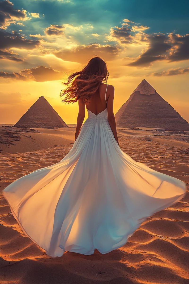 Desert pyramid sunset sand ancient architecture backdrop beauty clothing dress egypt fashion giza history monument sky A woman in a flowing white dress stands in the desert, her back turned, facing two pyramids. Her dress billows in the wind, and her hair flows freely. The sun sets behind her, casting a warm glow on the sand and the pyramids, which are triangular and made of stone. The sky is a mix of orange and blue hues, with scattered clouds.