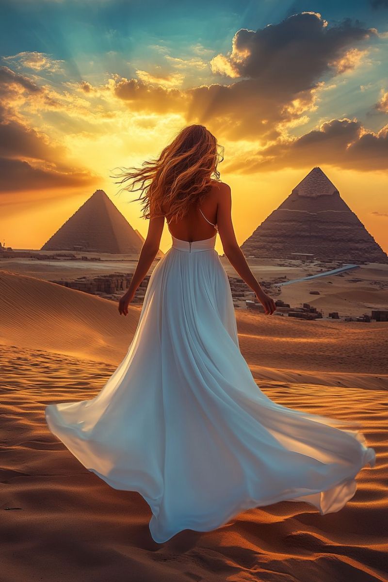 Desert pyramid sunset sand ancient architecture backdrop beauty dress egypt egyptian fashion giza history landmark sky tourist A woman in a flowing white dress stands in the desert with her back turned, her hair blowing in the wind. Behind her, two pyramids are visible, one larger than the other, set against a  of a setting sun. The sky is a mix of orange and blue hues, with clouds scattered across it. The desert sand is golden, and the shadows of the pyramids and the woman are cast on the ground.