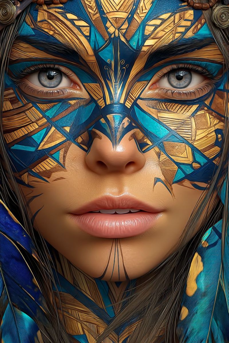 Visage femme masque yeux levres cheveux plumes bleu geometrique design tribal ethnique culturel expression emotion Un portrait en gros plan du visage d'une femme avec un maquillage facial complexe. Le maquillage facial présente une combinaison de couleurs bleu, or et brun, créant un motif géométrique qui couvre tout son visage. Le motif comprend des lignes nettes et des formes angulaires, donnant l'apparence d'un masque. Ses yeux sont peints avec un design bleu et or, et ses lèvres sont peintes en rose. Les cheveux de la femme sont longs et sombres, et ils sont coiffés d'une manière qui complète le maquillage facial. L'effet global est saisissant et artistique, le maquillage facial ajoutant une couche de complexité et de profondeur au portrait.