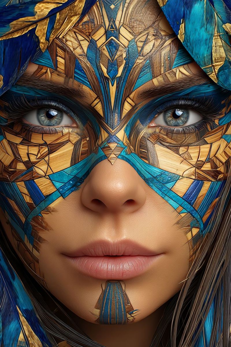 Painting mask woman eye eyebrow eyelash eyeliner eyeshadow lip lipstick paint gloss liner A close-up of a woman's face with intricate, abstract face paint covering her entire face. The paint features a mix of blue, gold, and brown colors, creating a mosaic-like pattern. The design includes geometric shapes and lines, with some areas resembling feathers or leaves. Her eyes are prominently displayed, with blue irises and black pupils, and her lips are painted in a soft pink shade. The woman's hair is long and dark, partially visible at the sides of her face.